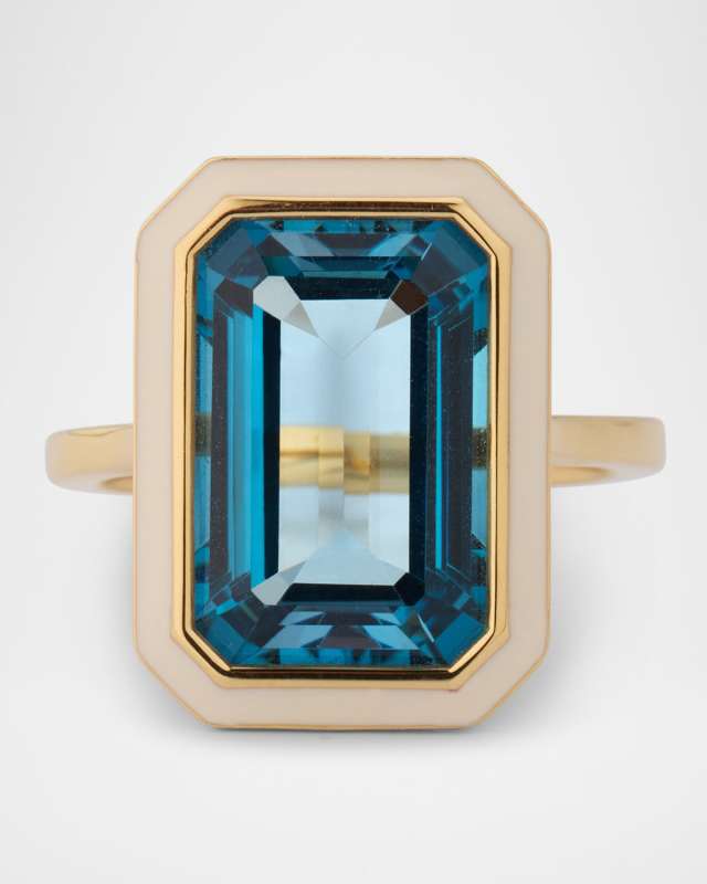Queen 18K Yellow Gold London Blue Topaz Ring with White Enamel